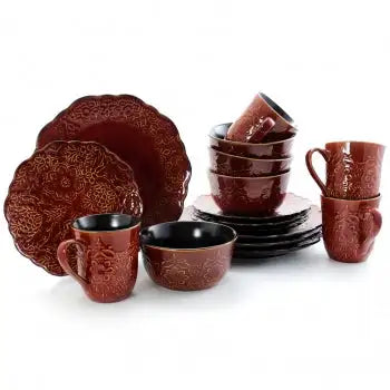 Gibson Portina 16 Piece Stoneware Dinnerware Set in Rust, Service for 4