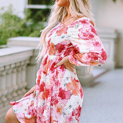 Floral Smocked Square Neck Long Sleeve Dress