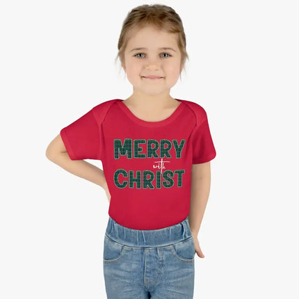 Short Sleeve Baby Onesie for Infants and Toddlers, Merry With Christ, Green Plaid Christmas Holiday Pattern Print