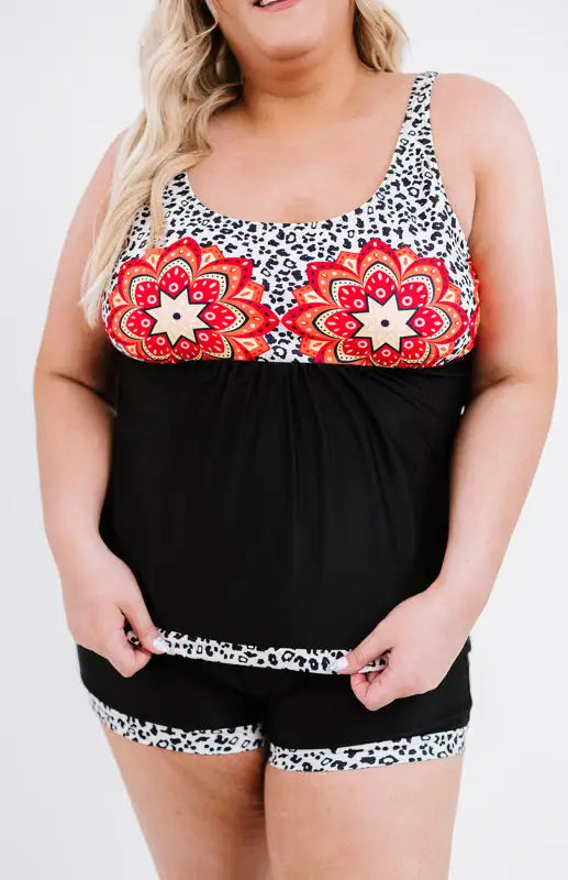 Tankini de talla grande con empalme de leopardo floral negro 