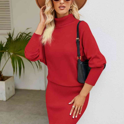 Turtle Neck Long Sleeve Ribbed Sweater Dress