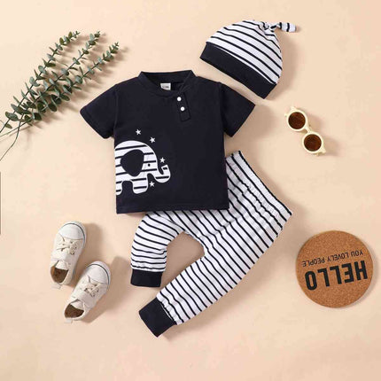 Baby Elephant Graphic Top and Striped Pants Set