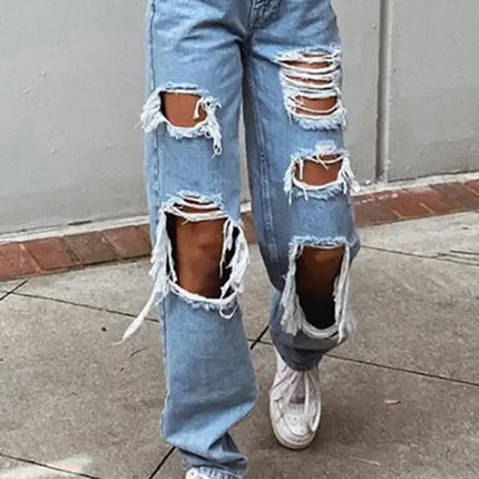 Pantalones vaqueros estilo lavado rasgados para mujer 