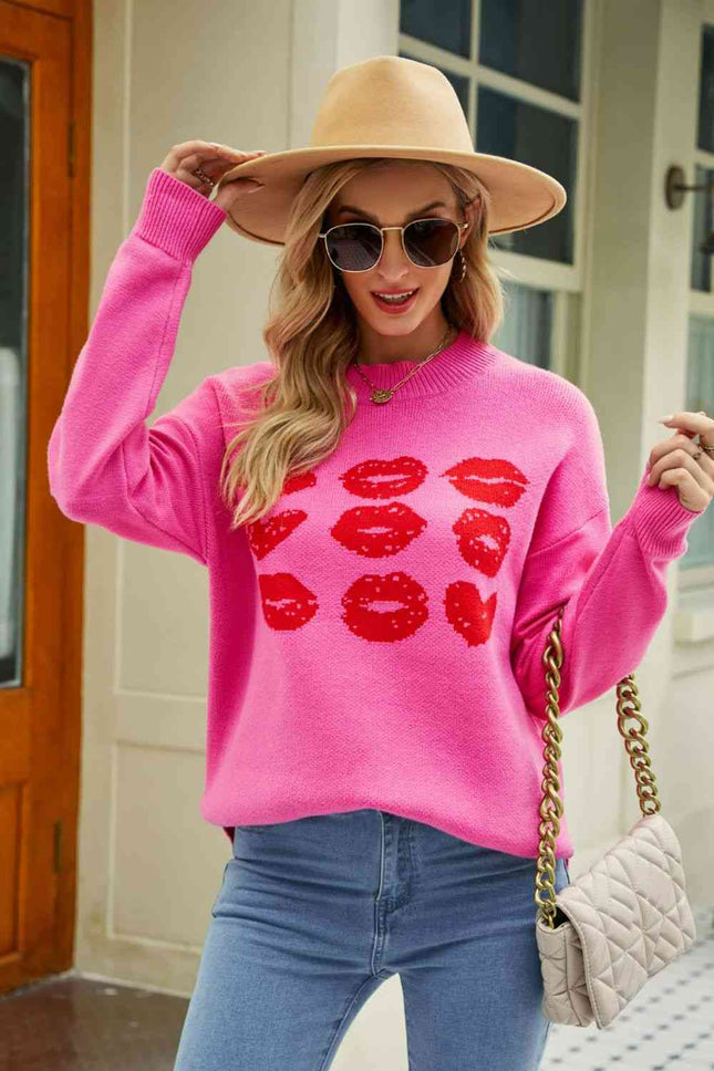 Woven Right Lip Graphic Slit Dropped Shoulder Sweater