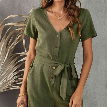 V-Neck Short Sleeve Tie Belt Romper with Pockets