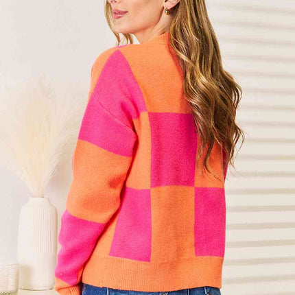 Woven Right Checkered V-Neck Dropped Shoulder Cardigan - Vickie Lynn's