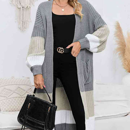 Color Block Long Sleeve Pocketed Cardigan