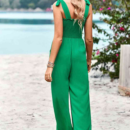Frill Trim Tie Shoulder Wide Leg Jumpsuit with Pockets