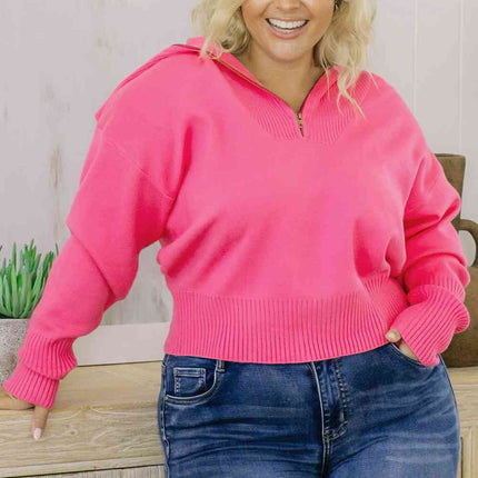 Plus Size Collared Neck Zip-Up Long Sleeve Sweater