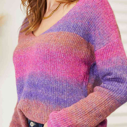 Double Take Multicolored Rib-Knit V-Neck Knit Pullover - Vickie Lynn's