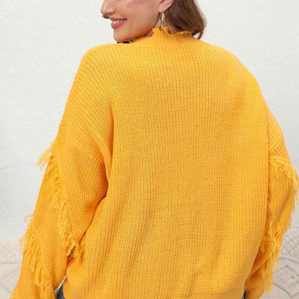 Plus Size Fringe V-Neck Long Sleeve Sweater