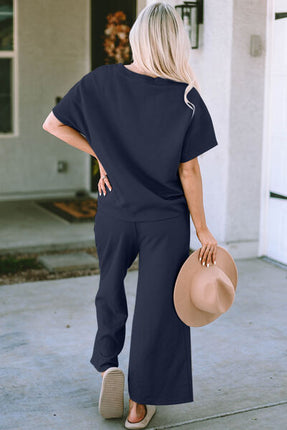 Double Take Full Size Texture Short Sleeve Top and Pants Set - Vickie Lynn's