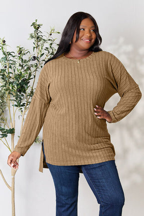 Basic Bae Full Size Ribbed Round Neck Long Sleeve Slit Top - Vickie Lynn's
