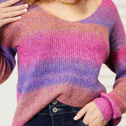 Double Take Multicolored Rib-Knit V-Neck Knit Pullover - Vickie Lynn's