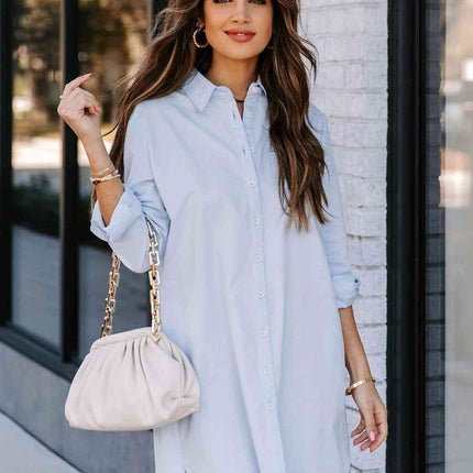 Button Up Collared Neck Long Sleeve Shirt Dress