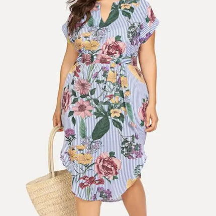 Women's Plus Size Striped V-Neck Short Sleeve Dress