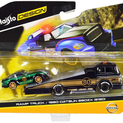 Ramp Truck #80 Dark Gray Metallic with Gold Metallic Stripes "JDM Garage" and 1980 Datsun 280ZX (S130) #80 Green Metallic with Stripes "Elite Transport" Series 1/64 Diecast Models by Maisto
