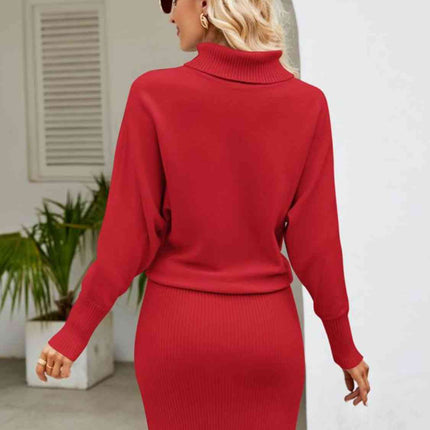 Turtle Neck Long Sleeve Ribbed Sweater Dress