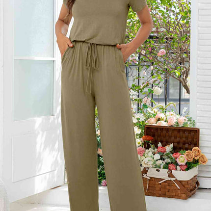 Round Neck Open Back Jumpsuit with Pockets