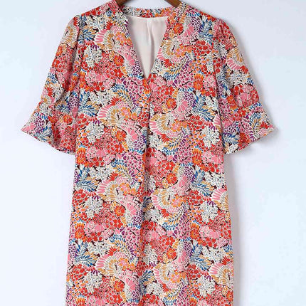 Floral Notched Neck Flounce Sleeve Shift Dress