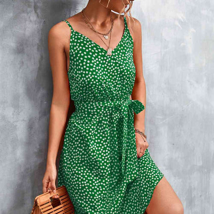 Printed V-Neck Tie Waist Mini Dress - Vickie Lynn's