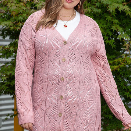 Plus Size Openwork V-Neck Long Sleeve Buttoned Cardigan