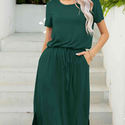 Round Neck Short Sleeve Slit Dress with Pockets