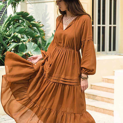 Tie Neck Long Sleeve Midi Tiered Dress