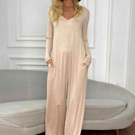 Long Sleeve V-Neck Jumpsuit with Pockets