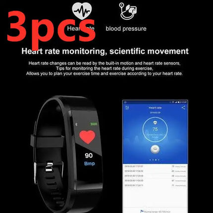 Color: Negro3pcs - Pulsera inteligente con pulsera Bluetooth Monitor de ritmo cardíaco Reloj Actividad Fitness Tracker