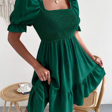 Smocked Square Neck Short Sleeve Dress