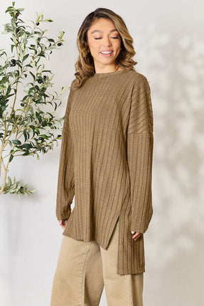 Basic Bae Full Size Ribbed Round Neck Long Sleeve Slit Top - Vickie Lynn's