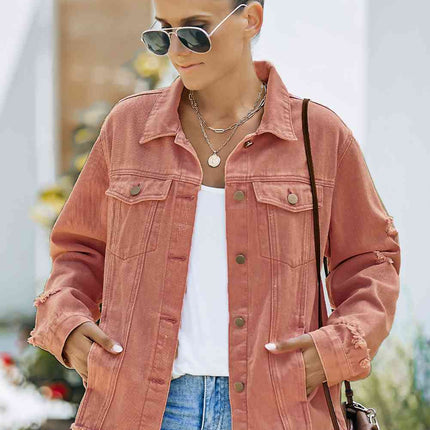 Distressed Raw Hem Denim Jacket - Vickie Lynn's