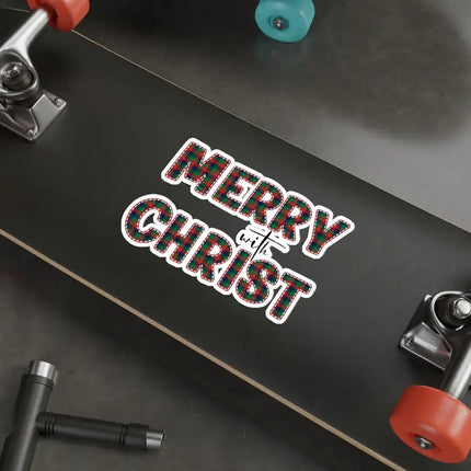 Uniquely You Die-Cut Sticker, Merry With Christ, Red And Green Plaid Christmas Holiday Pattern Print
