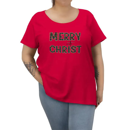 Uniquely You Womens Curvy Tee, Merry With Christ, Red And Green Plaid Christmas Holiday Pattern Print Print