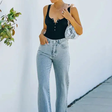 Pantalones vaqueros de cintura media con aberturas lavadas para mujer 