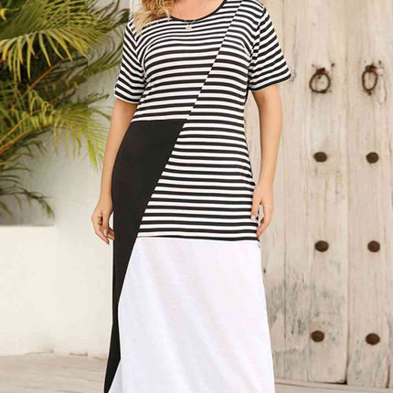 Plus Size Striped Color Block Round Neck Dress