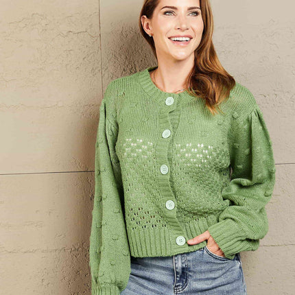Woven Right Openwork Pompom Puff Sleeve Cardigan