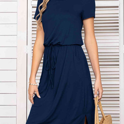 Round Neck Short Sleeve Slit Dress with Pockets