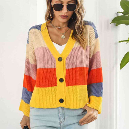 Color Block Button-Down Dropped Shoulder Cardigan