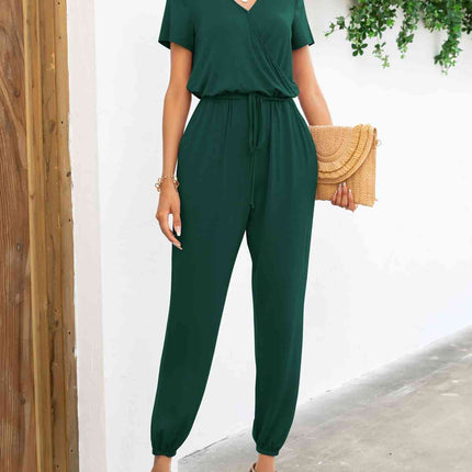 Short Sleeve V-Neck Jumpsuit with Pockets