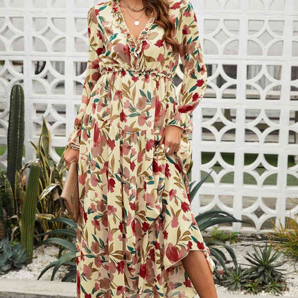 Floral Frill Trim Flounce Sleeve Plunge Maxi Dress - Vickie Lynn's