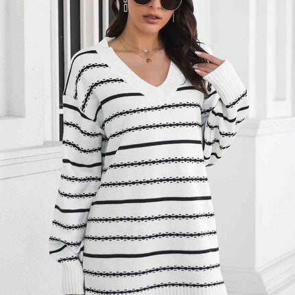 Striped V-Neck Sweater Dress