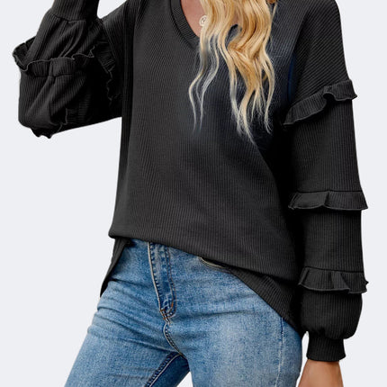 Ruffled V-Neck Long Sleeve T-Shirt