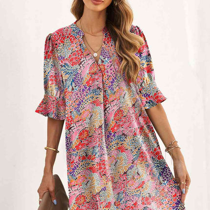 Floral Notched Neck Flounce Sleeve Shift Dress