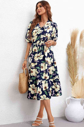 Floral Collared Neck Tiered Midi Dress