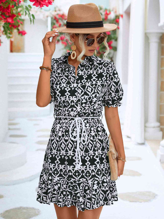 Printed Tie Waist Collared Flounce Sleeve Dress