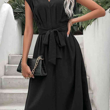 Tie Belt V-Neck Pleated Dress