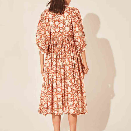 Floral Tie Neck Lantern Sleeve Dress