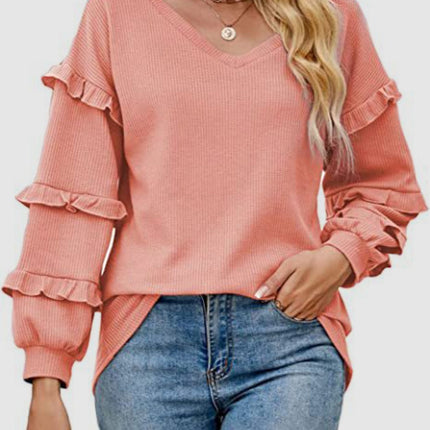 Ruffled V-Neck Long Sleeve T-Shirt